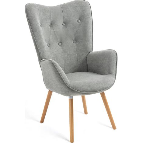 Fauteuil Salon Scandinave Confortable Chaise de Coiffeuse Canapé de Loisirs pour Chambre Salle à Manger Bureau avec Assise Épais Accoudoirs Rembourés en Tissu Pieds Bois Massif, Gris (1/5)
