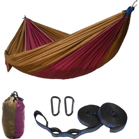 Réduction Hamac Camping Voyage Ultra léger , (270×140cm) resprant, Nylon Parachute séchage Rapide 2 x Premium Carabiners, 2 x elingues en Nylon Compris--couleur chameau violet