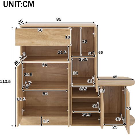 Meuble à chaussures moderne avec banc, 1 tiroir, 5 portes et étagère ouverte, grand espace de rangement pour entrée et couloir, finition naturelle, 130 × 35 × 110,5 cm (1/4)