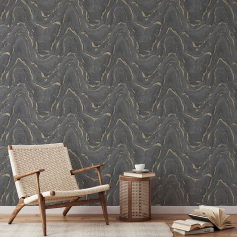 Muriva Woodgrain Marble Charcoal & Gold Metallic Luxury Wallpaper 199503 (1/2)