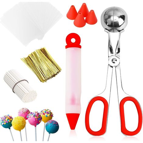 Kit de pâtisserie comprenant : sachets de bonbons, bâtonnets en papier, stylo décorateur, moules à cake pops, cuillère à cake pops et stylo décorateur.