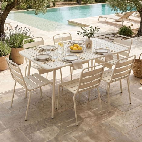 Ensemble table de jardin + 6 chaises en métal beige - BACA (1/5)
