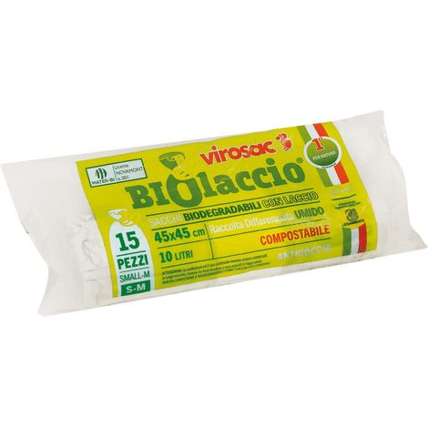 VIROSAC - Biolaccio - sacchetti per rifiuti biodegradabili 45x45, con laccio, 15 pezzi per rotolo, kit da 3 rotoli (1/5)