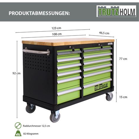 Werkstattwagen DELUXE 12 Schubladen, 123 cm Breite, massiver Arbeitsplatte 4 gefüllte Einlagen (1/5)