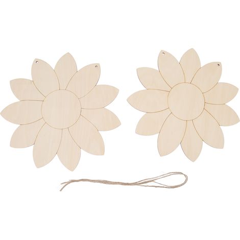 Lot de 2 découpes de fleurs en bois, forme de lotus, à monter soi-même. Décoration en bois brut pour la maison et le jardin, avec 2 cordes en chanvre. (1/5)