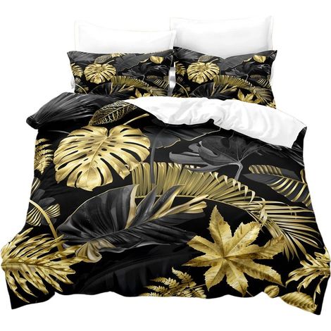 Housse de couette 240x260cm avec 2 taies d'oreiller, motif tropical Monstera, feuilles de palmier, or et noir, parure de lit A-Heiller (housse de couette 210x240, taie d'oreiller 50x75x2). (1/5)