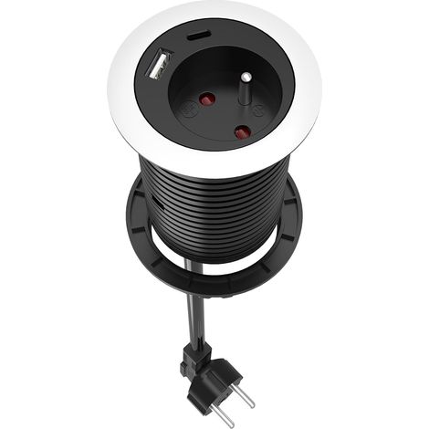 Prise Encastrable Compacte avec 1 Prise, 1 Port USB C, 1 Port USB A,60 mm de Diamètre, 1,5m de Câble, Multuprise pour Le Bureau, Les Meubles,La Cuisine, Noir (1/5)