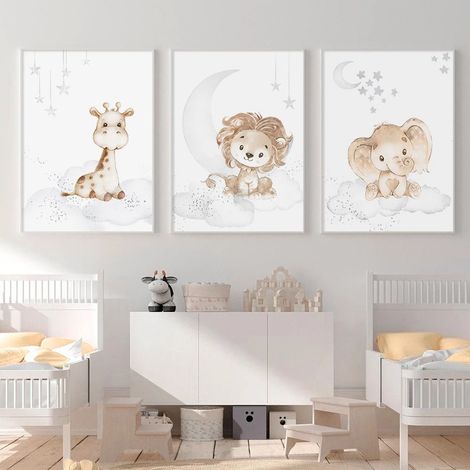 Ensemble de 3 (20 × 30 cm) Impressions sans cadre, Animaux de bande dessinée Peintures sur toile Enfants Salon Chambre Peintures murales HD Peintures décoratives pour aérographe