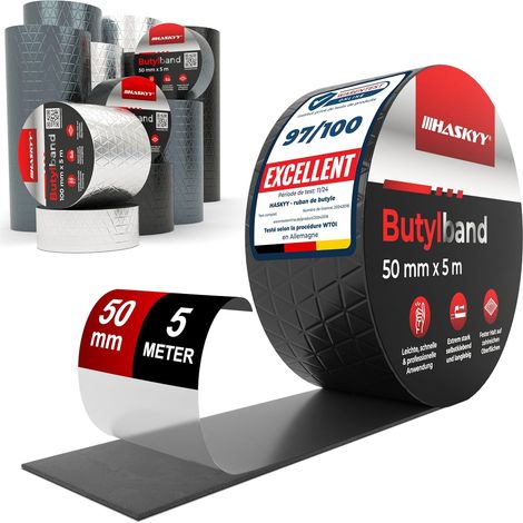 Ruban d'étanchéité en butyle 50mm x 5m Adhésif Bande en Étanche en caoutchouc butyle en aluminium - Imperméables de Réparation - résistant au vieillissement, à la corrosion et aux UV - Noir (1/5)