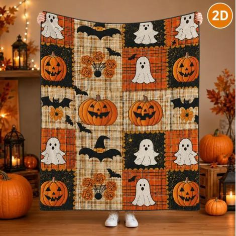 New Halloween Series Patchwork Blanket, Spooky Pumpkin Ghost Festival Plush Blanket, Nap Sofa Blanket - B - 70100CM
