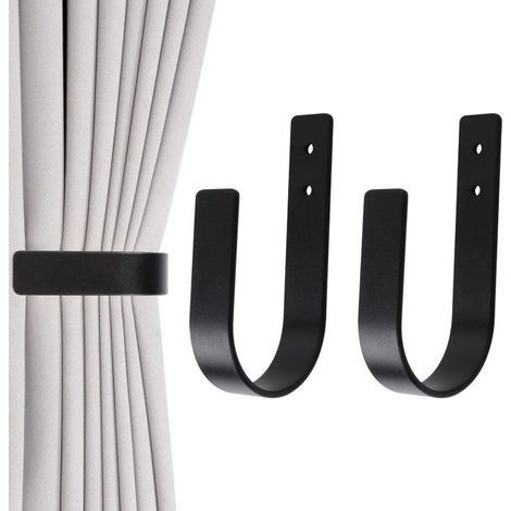 Embrasses pour rideaux en aluminium massif, forme U moderne – Lot de 2, couleur noir, fixation facile (1/4)