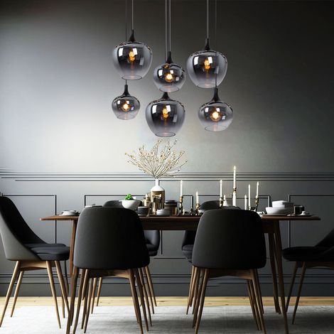 Lampe à suspension lampe à suspension salle à manger lampe à suspension salon lampe de table à manger abat-jour en verre fumé, métal noir, douilles 6x E27, LxPxH 86x42x120 cm (1/5)
