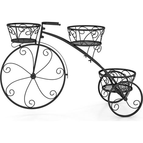Support pour plantes tricycle 85 x 25 x 50 cm design élégant 3 paniers déco extérieur en métal noir