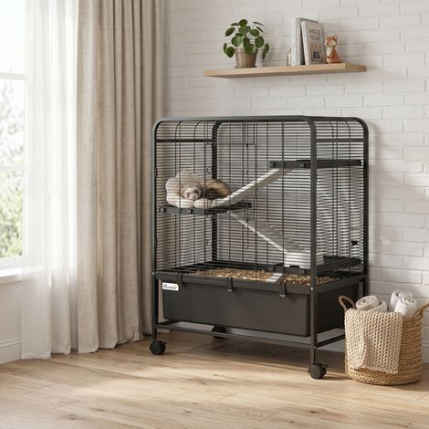 Cage roulante pour rongeurs, 4 niveaux, 3 plateformes, 3 rampes, biberon, 75 x 46 x 94,5 cm, noire (1/5)
