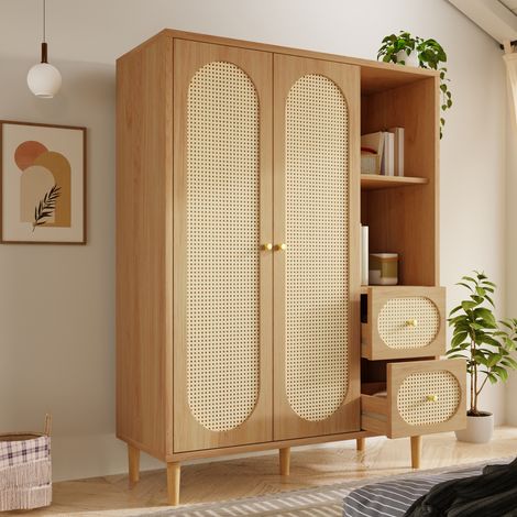 Armoire penderie 120x44x161 cm avec 2 portes, 2 tiroirs et étagères ouvertes, bois coloris chêne (1/5)