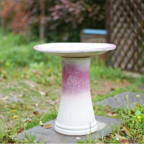 Bain d’oiseaux en céramique fait main Ø 43 cm, H 45 cm, blanc et rose, REDOM (1/5)