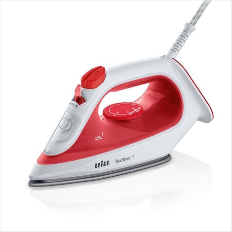 TexStyle 1 - Fer à Repasser Vapeur Puissant et Léger, Semelle Antiadhésive, Pointe de Précision, Débit Vapeur Jusqu’à 25g/min, Réservoir 220ml, 1900W, Rouge/Blanc (SI1019RD) (1/5)