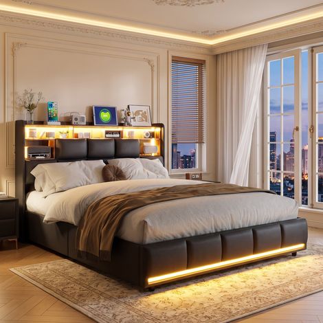 Lit coffre 140x190 avec sommier,  lit 2 places led avec rangement, lit double 140x190 avec USB, PU, Noir (1/5)