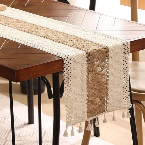 Chemin de Table Beige, 30x240 cm, Nappe Rustique avec Glands en Coton,Broderie coton lin chemin de table, motif géométrique ajouré, lavable, boho (1/5)