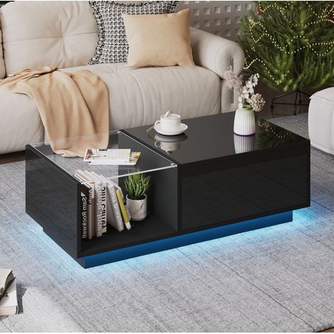 MODFU – Tavolino 100x50x33 cm in nero lucido con piano sollevabile, LED RGB controllabile da app e 2 cassetti – Nero (1/5)