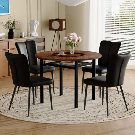 Set tavolo da pranzo rotondo Ø100 cm con 4 sedie in PU nero, piano in MDF marrone con vetro intarsiato, effetto legno, gambe in metallo (1/5)