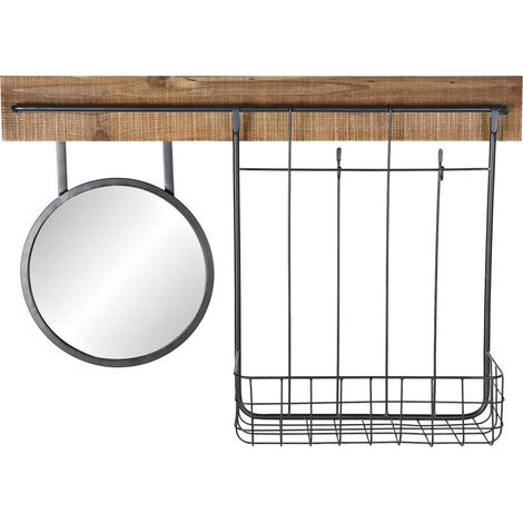 Miroir mural élégant avec rangement fonctionnel - Bois naturel avec détails métal noir