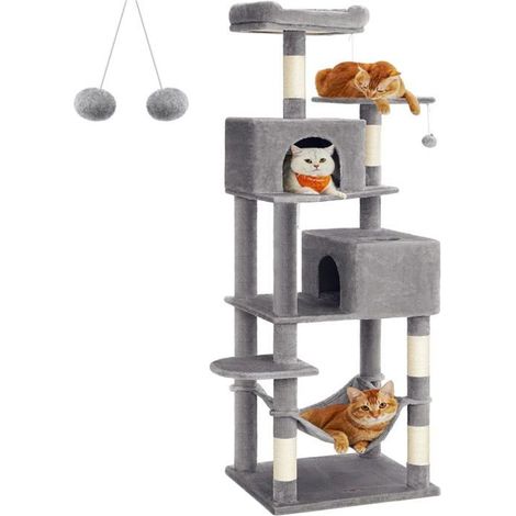 Arbre à chat - BLACK + DECKER - 191 cm - 5 poteaux à griffer - 2 plateformes & 2 niches - Gris clair, anti-basculement (1/5)