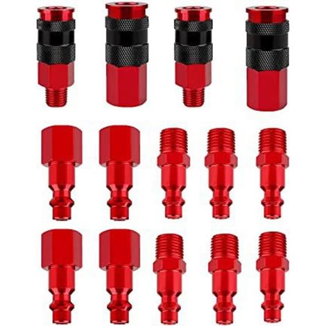 Lot de 14 accessoires tuyau compresseur d'air 6,35 mm en aluminium - Connecteur rapide pneumatique Ensemble coupleurs à pression Boule verrouillage rouge et noir (1/5)