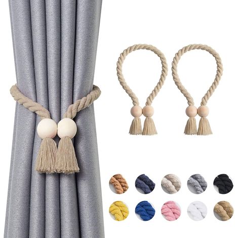 HOXILEELEO - Lot de 2 embrasses magnétiques en forme de boule de bois, style bohème, en corde de coton naturel tissée à la main (beige foncé) (1/4)