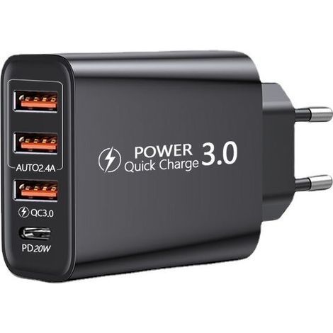 Chargeur USB Quick Charge 3.0 30W – 4 ports – Charge rapide jusqu'à 6A – Inclus câble USB C 3m – Compatible Samsung, Huawei, Xiaomi (1/5)