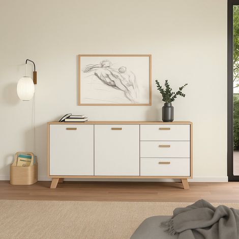 Dmora - Kommode Cybel, Wohnzimmerbuffet, Wohnzimmer-Sideboard, Moderne Küchen-Speisekammer, 147x39 h73 cm, Eiche und Weiß (1/5)