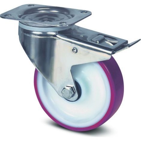 Roulette pivotante blocage total inox - rouge - platine - ø 100 mm - Alpha