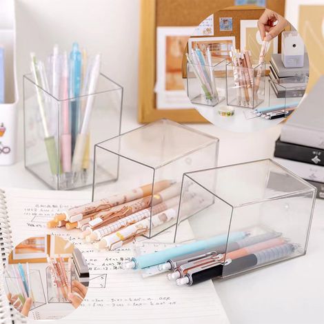 Porte-stylo carré multifonctionnel, boîte à crayons, rangement de bureau, accessoires de bureau roses (1/5)