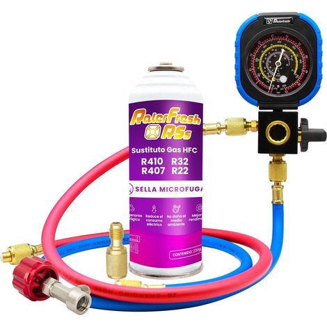 Gas refrigerante Ralerfresh RSs sustituto de los gases R410, R32, R407 y R22 mas manómetro, mangueras y adaptador (1/5)