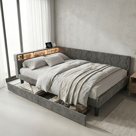 Lit avec 2 tiroirs 140x200, lit double adulte rembourré avec éclairage LED et ports USB/Type-C, tête de lit avec rangement, velours, moderne, Gris