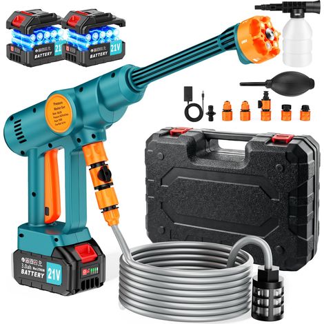 Nettoyeur Haute Pression sans Fil, Portable avec 2 Batteries 3,0 Ah, Moteur sans Balais, Tuyau de 5 M, Buse 6 en 1 pour Voiture, Jardin, Terrasse, Maison (1/5)