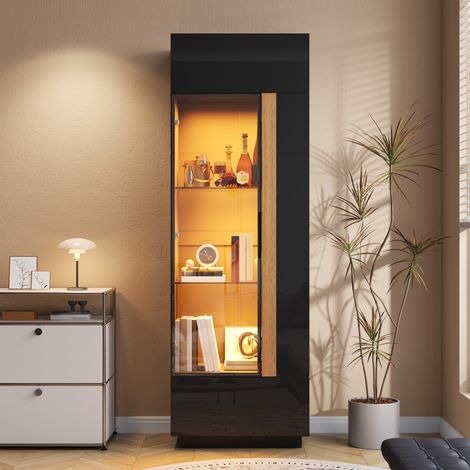 Vitrine de salon, buffet haut, colonne vaisselier avec porte en verre et éclairage LED RVB, meuble finition laqué brillant, style moderne, noir (1/5)