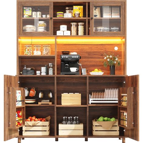 Armoire haute salon 140x40x185cm, meuble de cuisine avec led, buffet salle à manger noyer, portes coulissantes en verre (1/5)