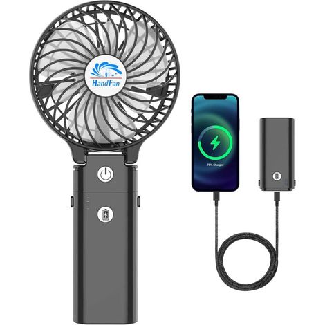 5200 mAh tragbarer Mini-Ventilator, Handventilator, USB-Akku, 3 Geschwindigkeiten, 180° faltbar, kleiner Schreibtischventilator, Powerbank, Handventilator 3 in 1, Büro, Reisen