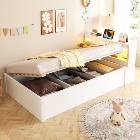 Letto contenitore 90 x 200 cm con LED, presa, vano idraulico, bianco HAVRYA (1/5)