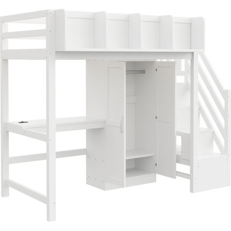 Cama alta 90x200 cm con escritorio, armario, escalera contenedora, LED y enchufes blanca MODENUIT (1/5)