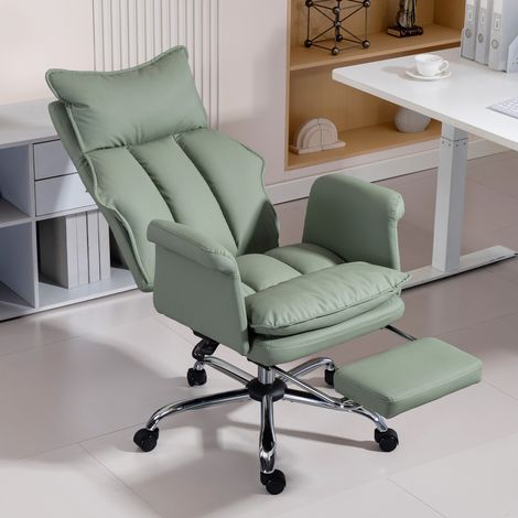 Chaise de bureau avec repose-pieds inclinable, dossier élevé, rembourrage épais rembourré en cuir synthétique, roues vertes