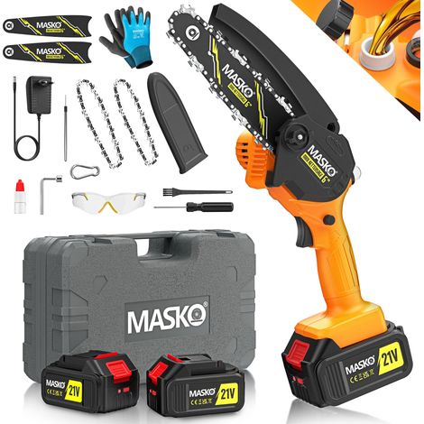 MASKO® Mini-Kettensäge mit Akku 8000mAh  Handkettensäge Elektro mit 2 Akku 4000mAh für Gartenscheren/Astscheren/Holzschneiden  Motorsäge 800W automatisches Ölsystem, Schwarz / Orange, 6 Zoll
