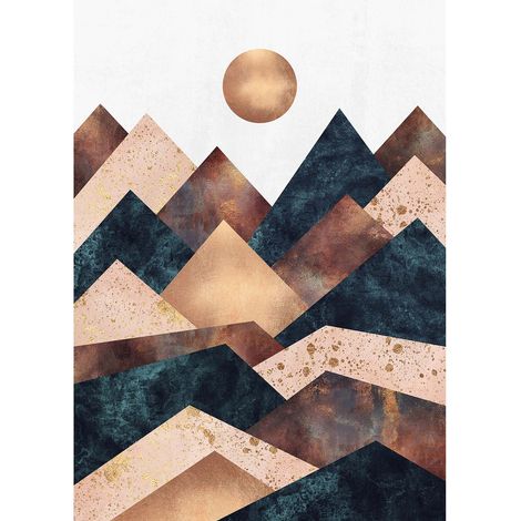 Tableau automne moderne pour déco salon | Tableau montagne vert gris & doré pour chambre | Tableau géométrique pour couloir 0,5 x 0,7 m (1/2)