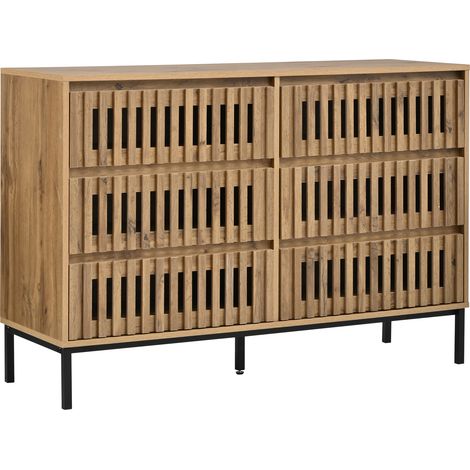 Commode 6 tiroirs 120 x 40 x 81 cm, buffet moderne couleur bois à façades ajourées, plateau 50 kg et 5 pieds noirs (1/5)