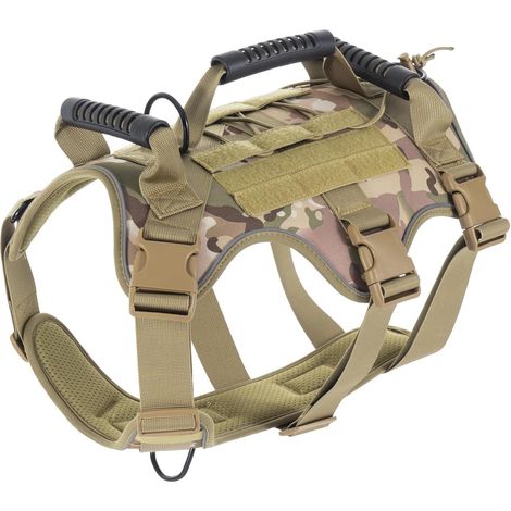 Harnais Chien, Harnais Anti Traction pour Chien RéGlable, Réfléchissant Harnais en Y avec 3 Poignée ContrôL, Facile à Mettre, Respirant Veste Tactique (Camouflage, XL) (1/5)