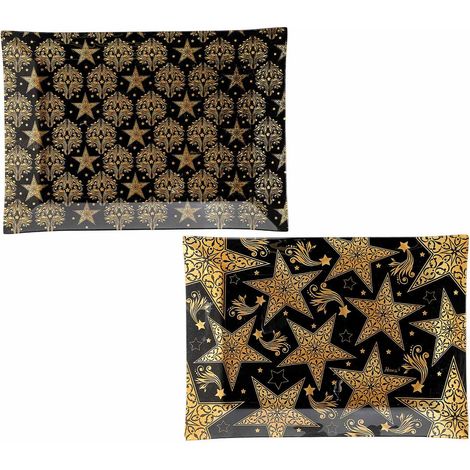 Piatti di Natale oro e nero con decori in vetro a forma rettangolare, adatti al contatto diretto con alimenti, set da 4 pezzi, cm 35 x 25 H