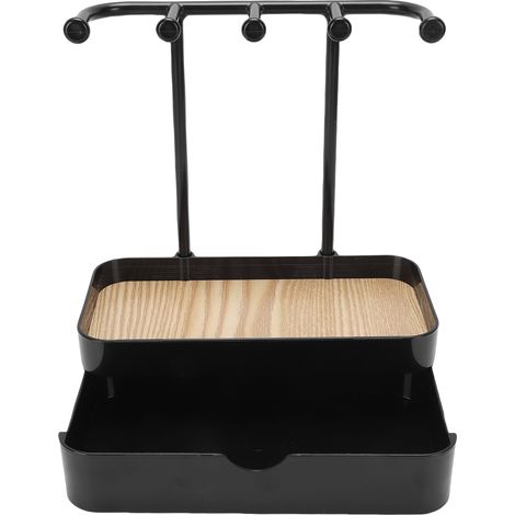 Organisateur de bijoux avec tiroir et plateau en bois, présentoir pour colliers, bracelets, boucles d'oreilles et montres, crochet de rangement noir (1/5)