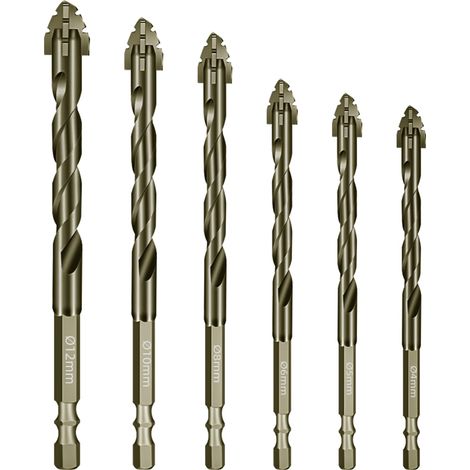 Foret Metal Maçonnerie à Tige Hexagonale Foret Mixte 4 mm, 5 mm, 6 mm, 8 mm, 10 mm, 12 mm pour Carrelage, Céramique, Verre, Brique, Acier, Bois, 6 Pièces (1/5)