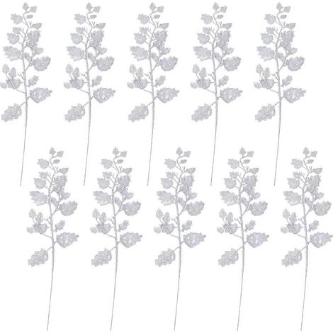10 künstliche Weihnachtsblätter aus Glitzerpuder (PE) für die Weihnachtsdekoration-39x12cm-Silver (1/3)